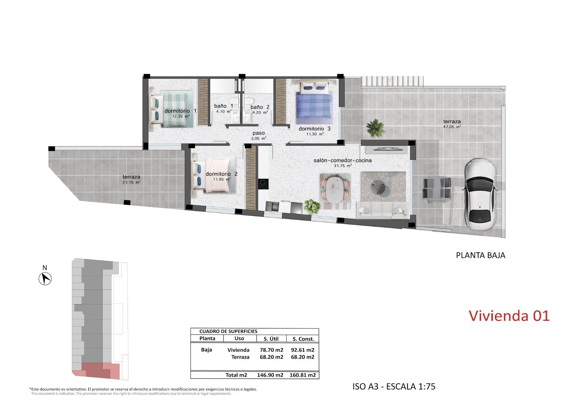Bungalow Obra Nueva con Piscina Privada en Pilar de La Horadada — 3 Dorm.