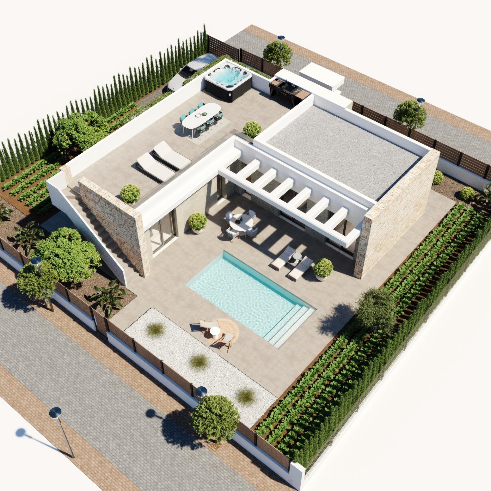 Villa obra nueva en Fuente Álamo con piscina privada y solárium — 3 dorm.