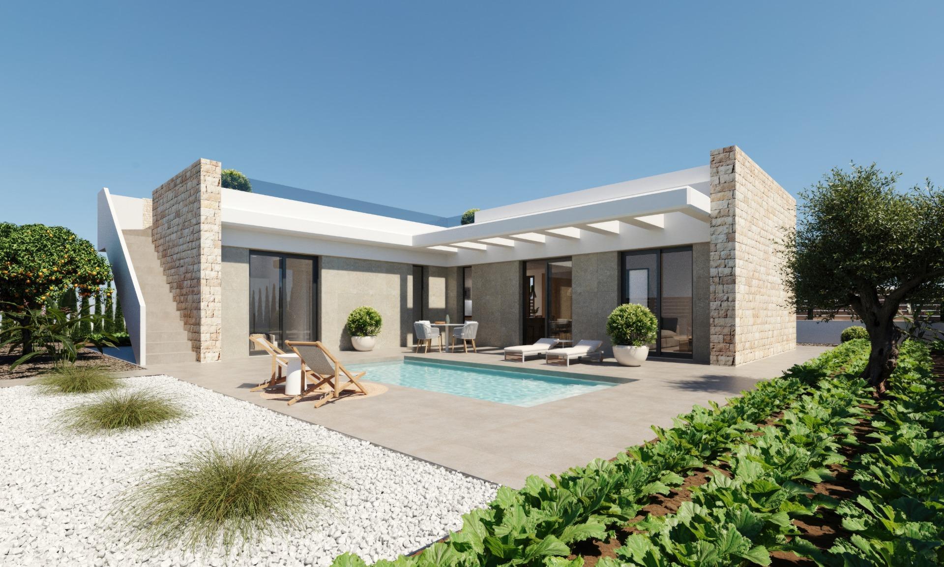 Villa obra nueva en Fuente Álamo con piscina privada y solárium — 3 dorm.