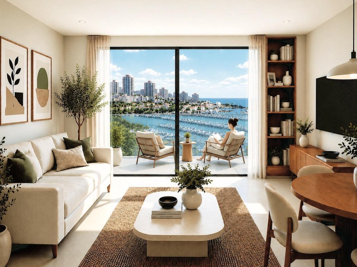 Apartamento de obra nueva con piscina a 100m del puerto de Torrevieja — 2 dorm.