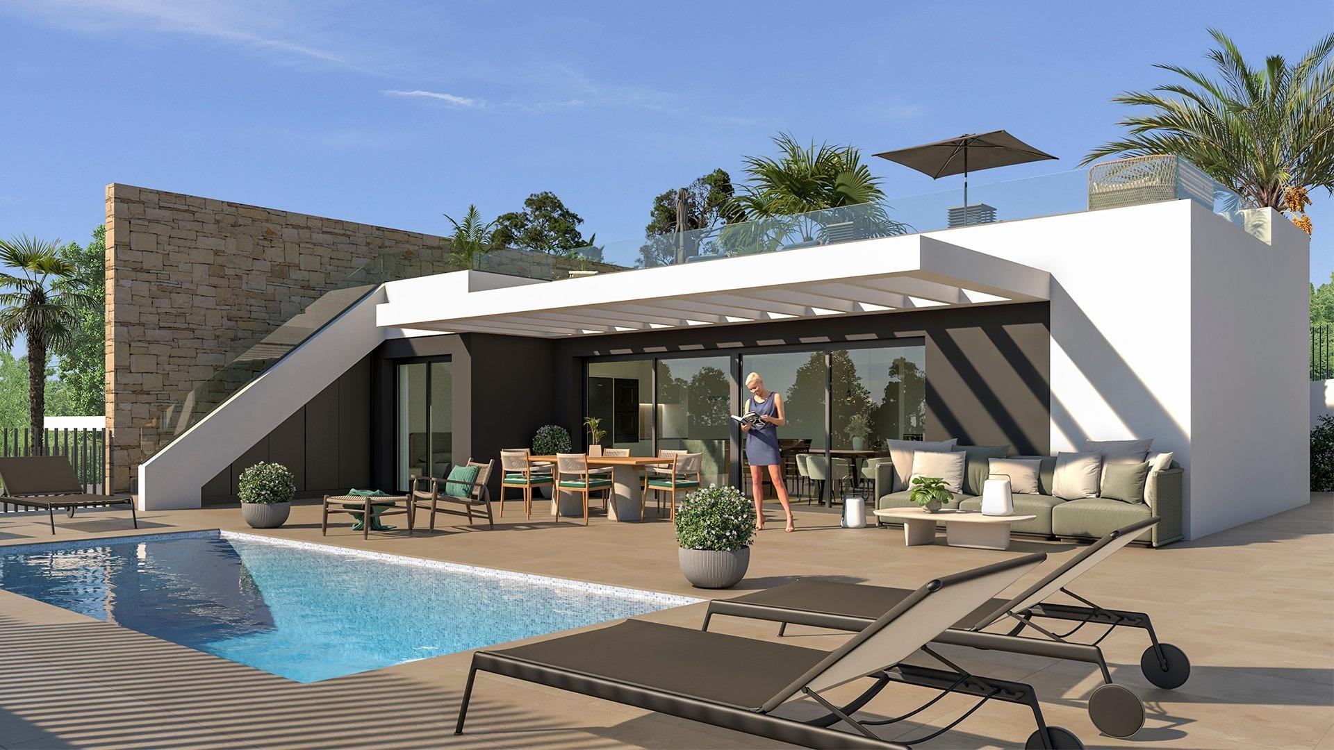 Villa de obra nueva en Mutxamel con piscina privada y vistas al mar - 3 Dorm.