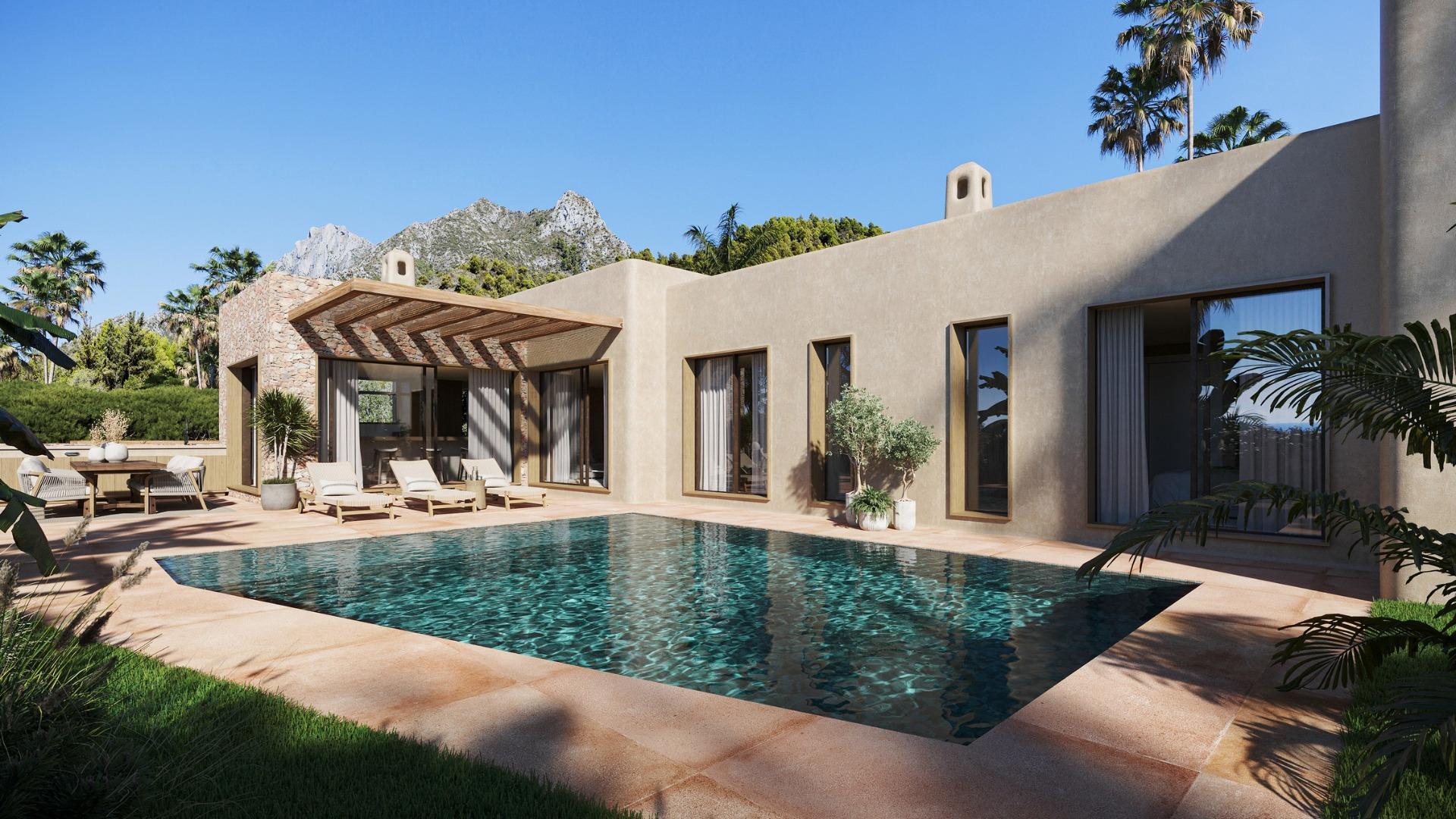 Villa Nueva Estilo Ibiza en Jávea — 3 Dormitorios, Piscina y Diseño Mediterráneo